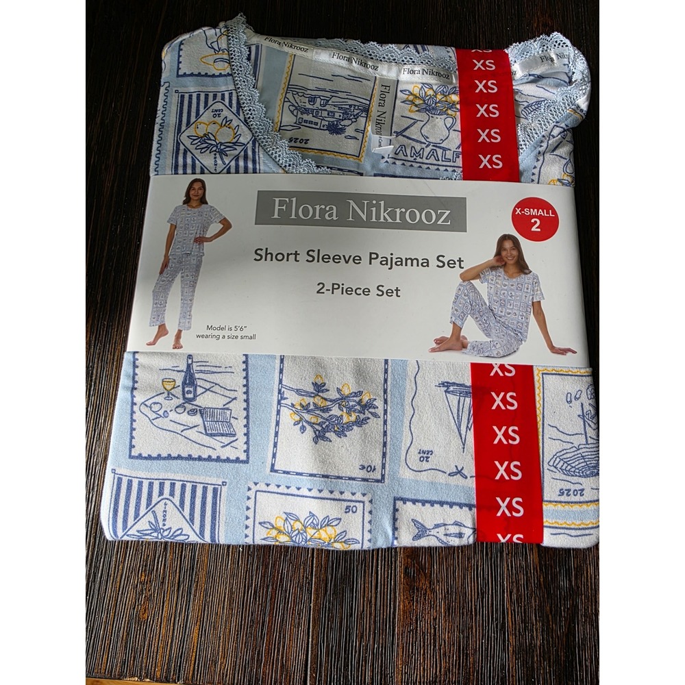 Flora Nikrooz Womens Amalfi Coast Stamp Print Pajama Set Blue White XS 2pc NWT